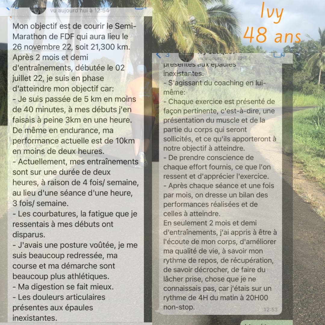 Message d'Ivy, 48 ans, préparée par Laurent LABECA pour le semi-marathon de Fort-de-France