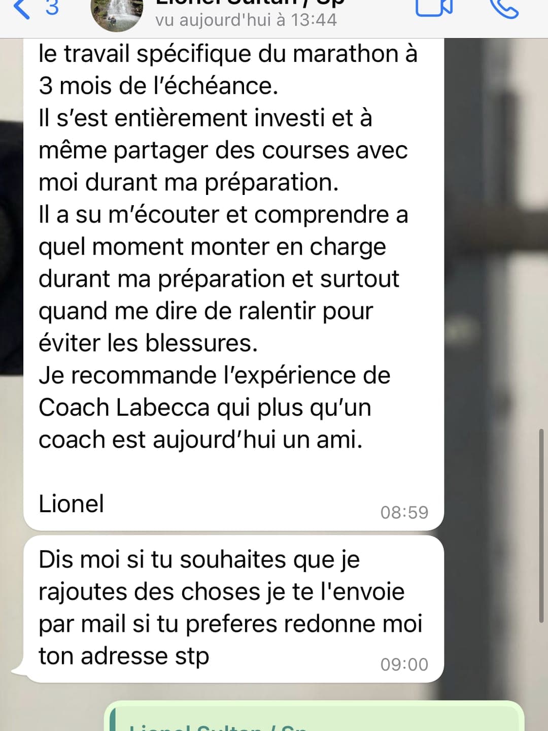 Message de Lionel, préparé par Laurent LABECA pour le marathon de Paris à 40 ans