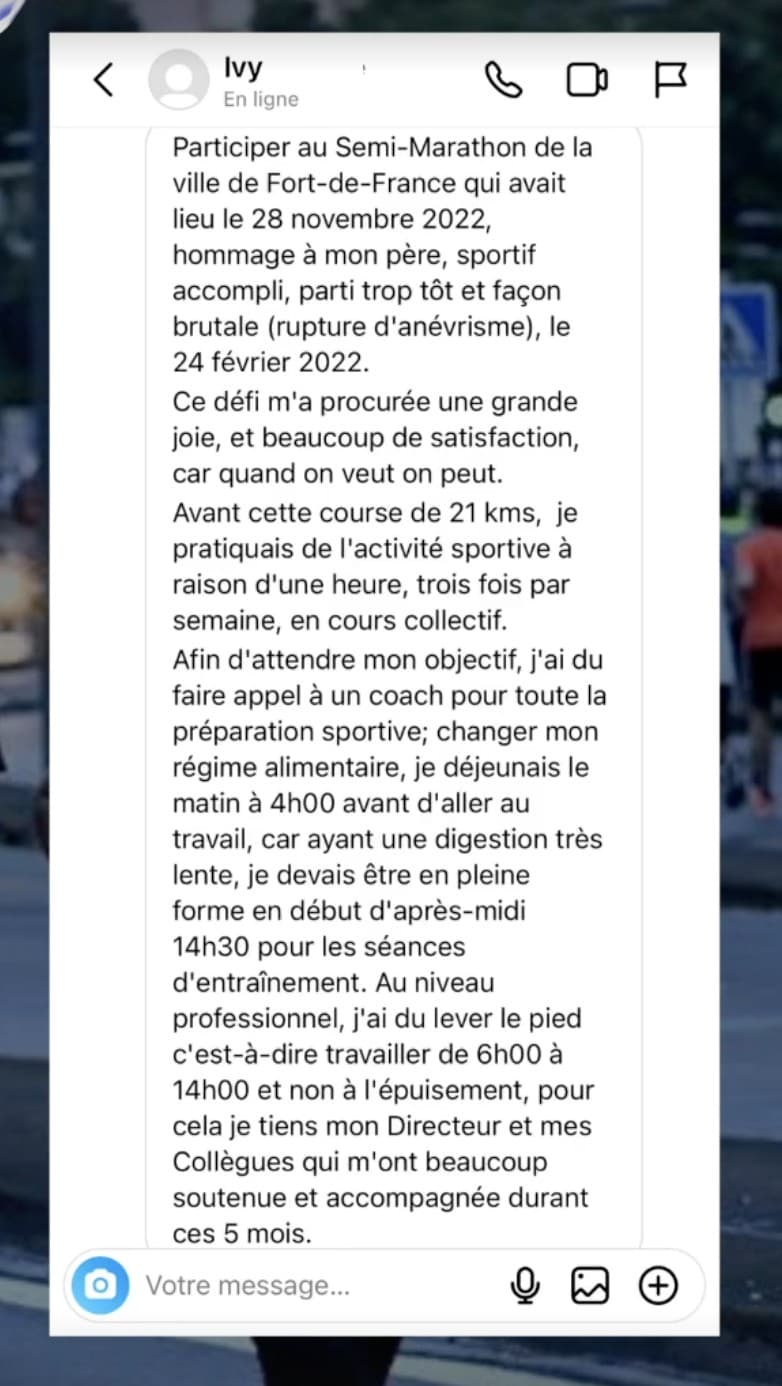 Message d'Ivy, préparée par Laurent LABECA pour le semi-marathon de Fort-de-France